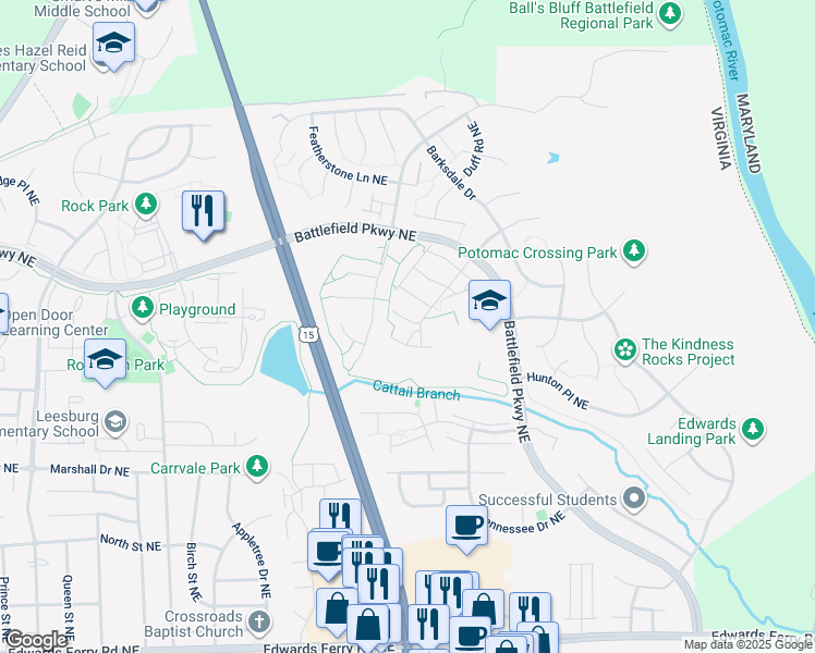 map of restaurants, bars, coffee shops, grocery stores, and more near 1007 Smartts Lane Northeast in Leesburg