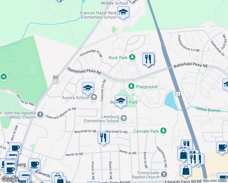 map of restaurants, bars, coffee shops, grocery stores, and more near 359 Stable View Terrace Northeast in Leesburg