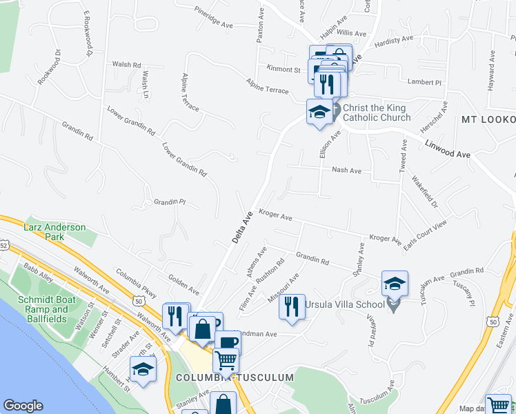 map of restaurants, bars, coffee shops, grocery stores, and more near 614 Delta Avenue in Cincinnati