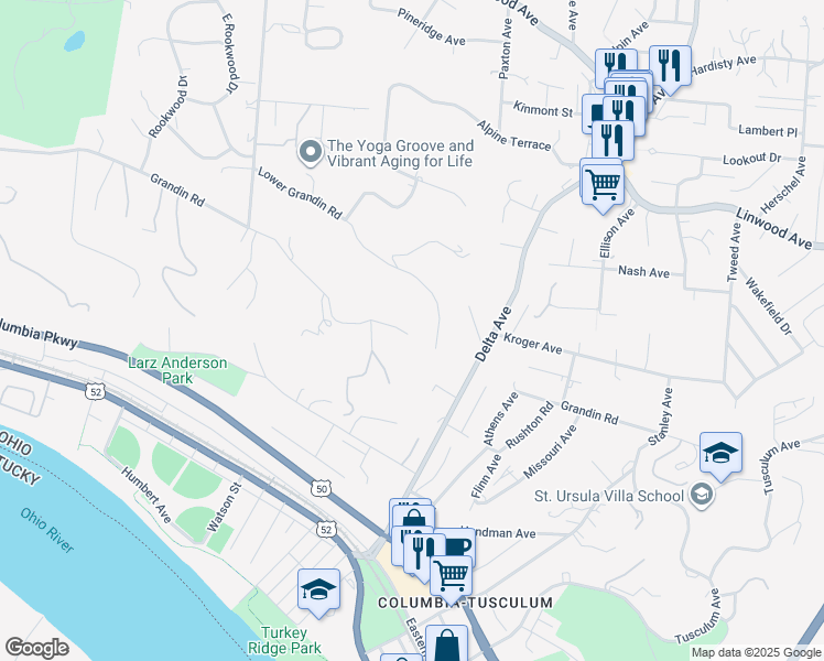 map of restaurants, bars, coffee shops, grocery stores, and more near 3 Grandin Place in Cincinnati