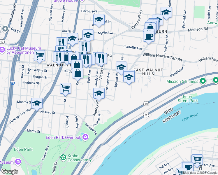 map of restaurants, bars, coffee shops, grocery stores, and more near 2315 Upland Place in Cincinnati