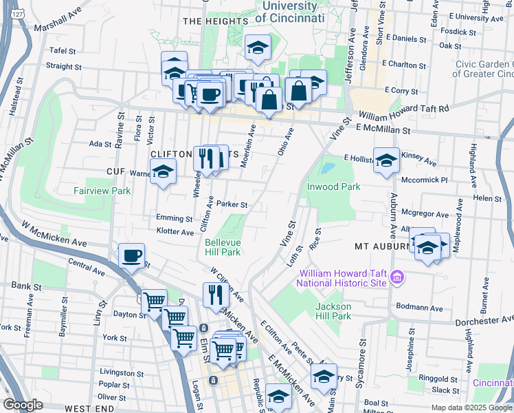 map of restaurants, bars, coffee shops, grocery stores, and more near 2210 Ohio Avenue in Cincinnati