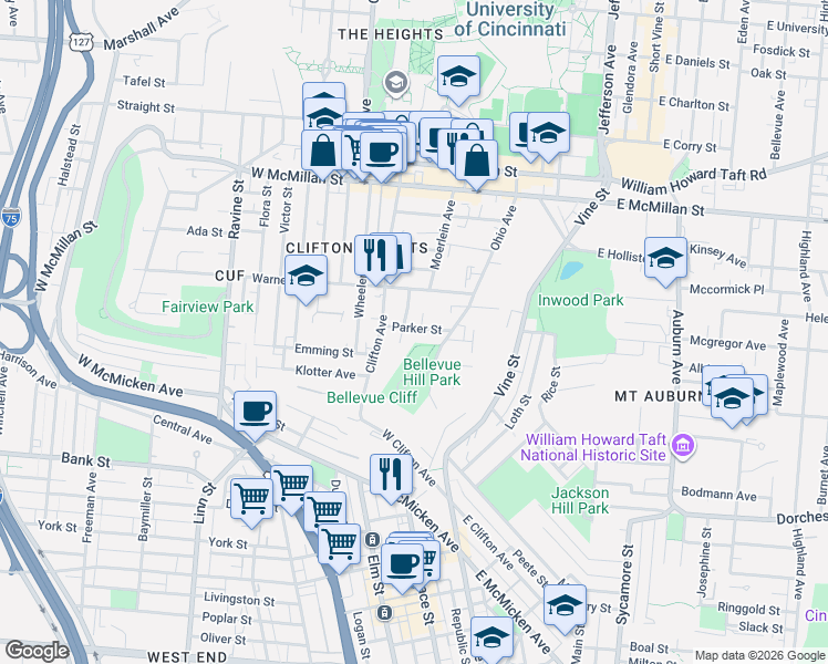 map of restaurants, bars, coffee shops, grocery stores, and more near 2214 Sauer Avenue in Cincinnati