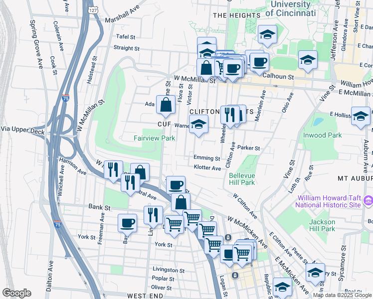map of restaurants, bars, coffee shops, grocery stores, and more near 276 Emming Street in Cincinnati
