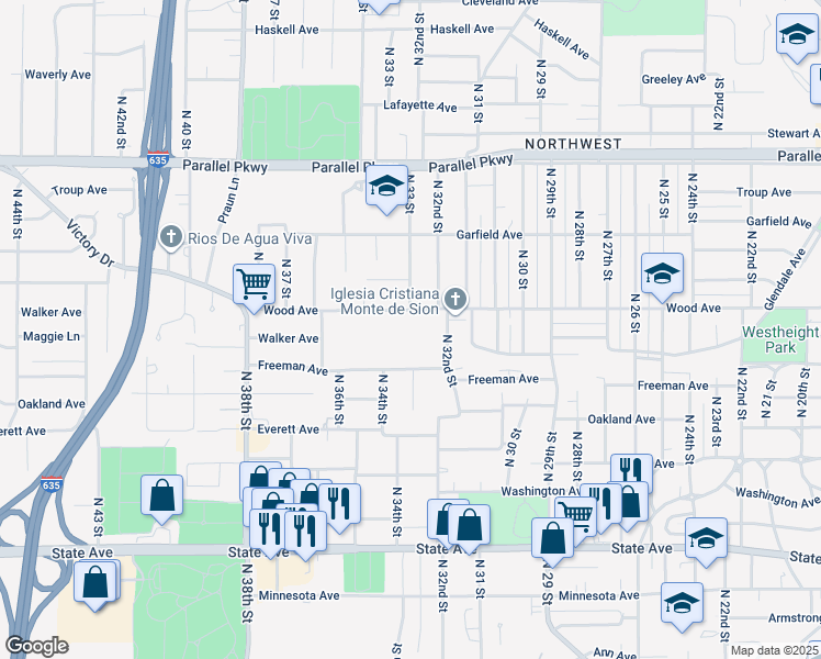 map of restaurants, bars, coffee shops, grocery stores, and more near 1620 North 32nd Street in Kansas City