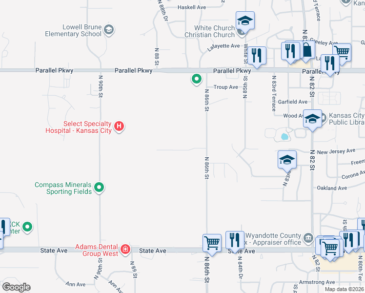 map of restaurants, bars, coffee shops, grocery stores, and more near 8625 Walker Avenue in Kansas City