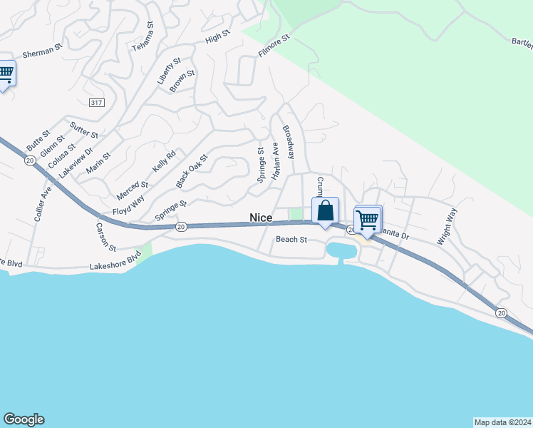 map of restaurants, bars, coffee shops, grocery stores, and more near 3384 State Highway 20 in Nice