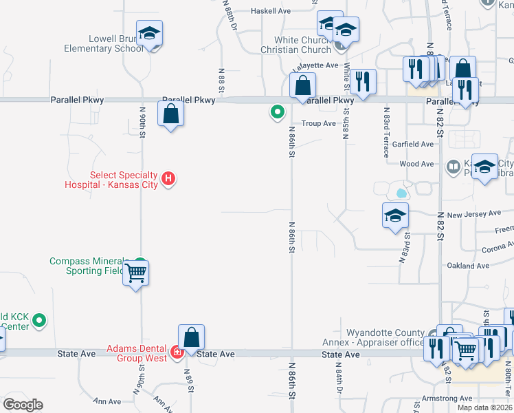 map of restaurants, bars, coffee shops, grocery stores, and more near 8625 Walker Avenue in Kansas City