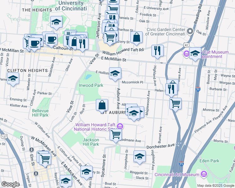 map of restaurants, bars, coffee shops, grocery stores, and more near 2301 Auburn Avenue in Cincinnati
