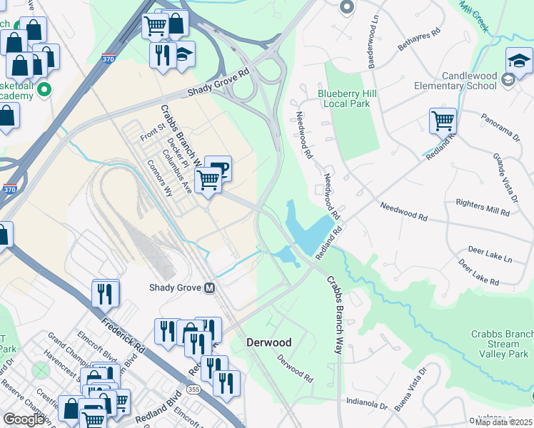 map of restaurants, bars, coffee shops, grocery stores, and more near 16616 Crabbs Branch Way in Derwood