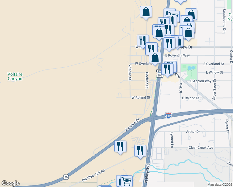 map of restaurants, bars, coffee shops, grocery stores, and more near 640 W Roland St in Carson City