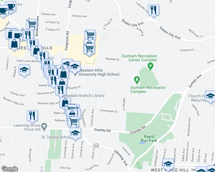 map of restaurants, bars, coffee shops, grocery stores, and more near 4712 Green Glen Lane in Cincinnati