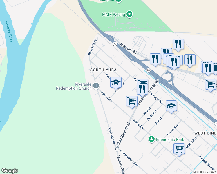 map of restaurants, bars, coffee shops, grocery stores, and more near 841 Cedar Lane in Olivehurst