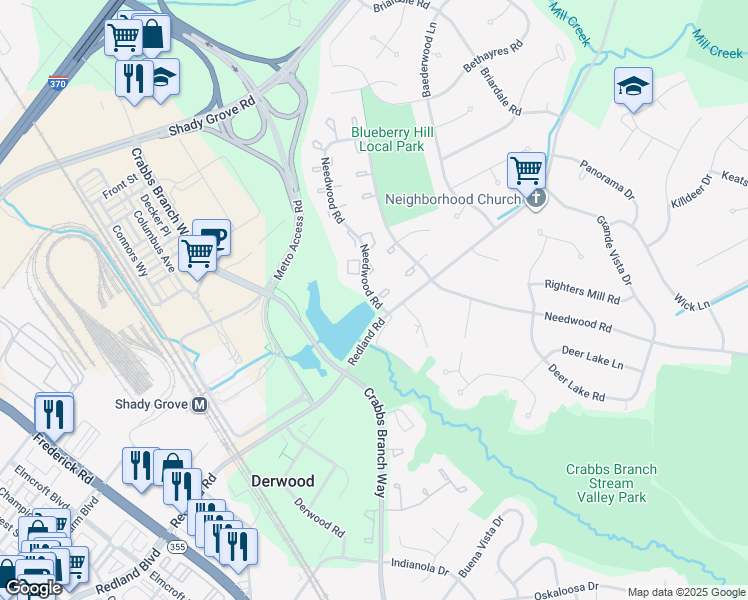 map of restaurants, bars, coffee shops, grocery stores, and more near 7705 Eagles Head Court in Derwood