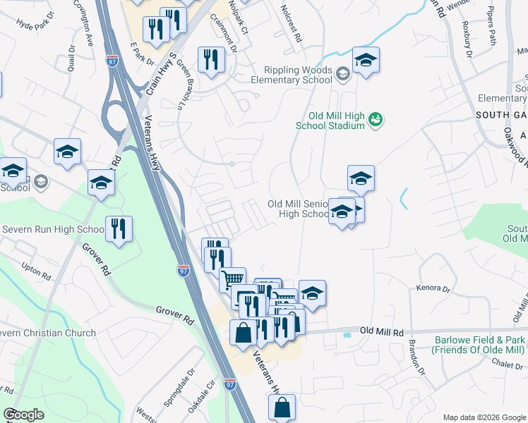 map of restaurants, bars, coffee shops, grocery stores, and more near 8280 Longford Road in Glen Burnie