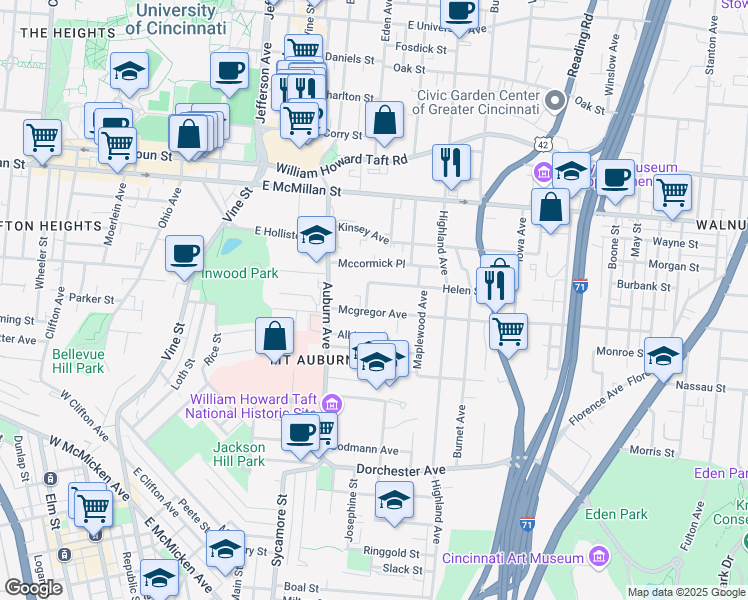 map of restaurants, bars, coffee shops, grocery stores, and more near 2316 Auburncrest Avenue in Cincinnati