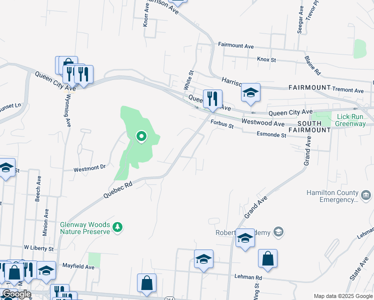 map of restaurants, bars, coffee shops, grocery stores, and more near 2250 Quebec Road in Cincinnati