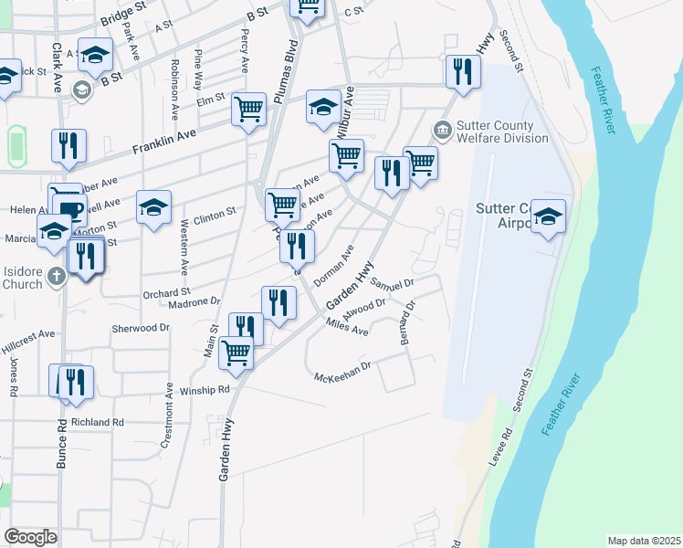 map of restaurants, bars, coffee shops, grocery stores, and more near 410 Dorman Ave in Yuba City