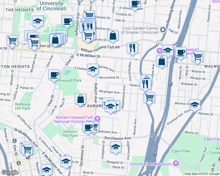map of restaurants, bars, coffee shops, grocery stores, and more near 231 Mcgregor Avenue in Cincinnati