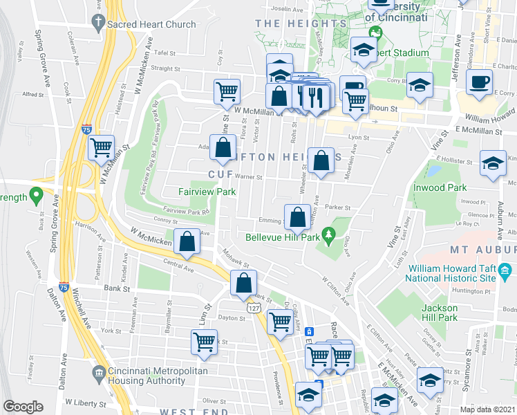 map of restaurants, bars, coffee shops, grocery stores, and more near 276 Emming Street in Cincinnati