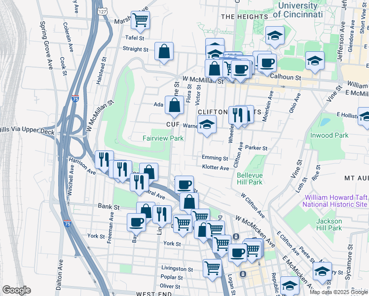 map of restaurants, bars, coffee shops, grocery stores, and more near 325 Emming Street in Cincinnati