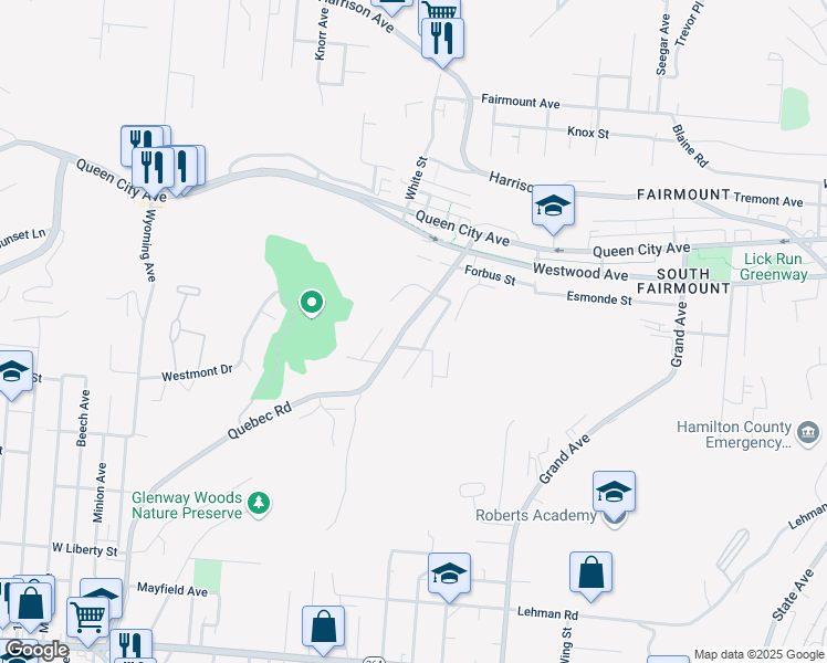 map of restaurants, bars, coffee shops, grocery stores, and more near 2250 Quebec Road in Cincinnati