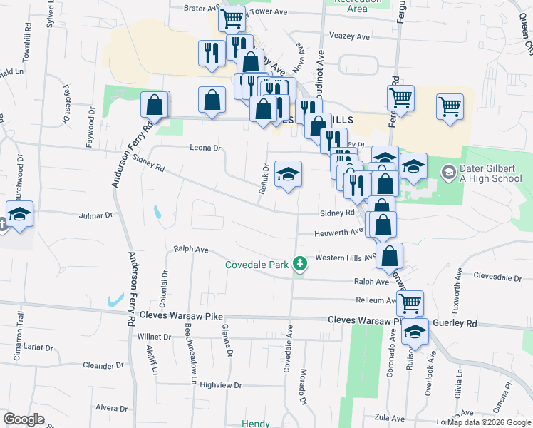 map of restaurants, bars, coffee shops, grocery stores, and more near 5112 Sumter Avenue in Cincinnati