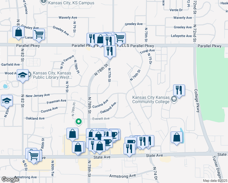 map of restaurants, bars, coffee shops, grocery stores, and more near 1510 North 77th Street in Kansas City