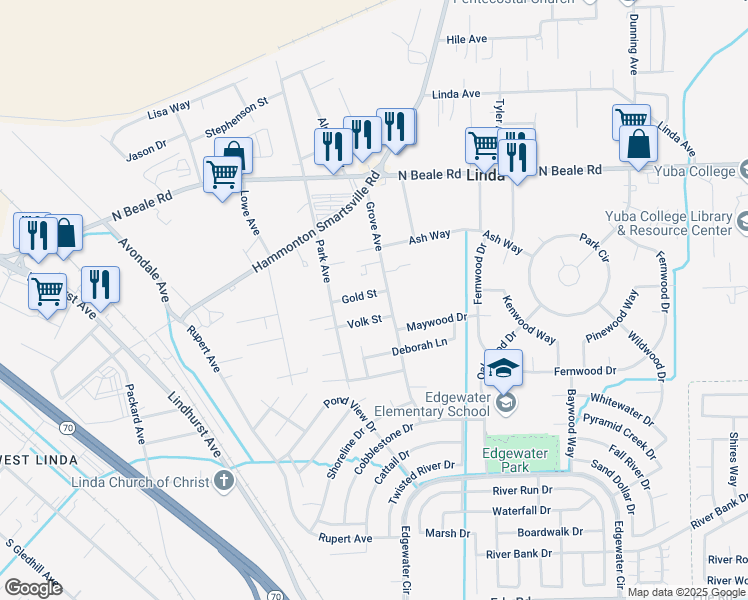 map of restaurants, bars, coffee shops, grocery stores, and more near 1636 Gold Street in Marysville