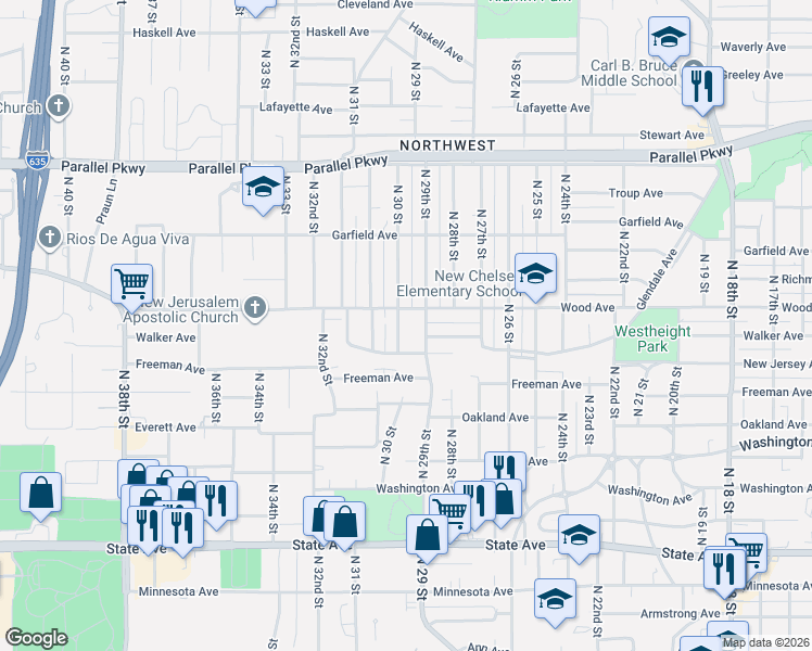 map of restaurants, bars, coffee shops, grocery stores, and more near 1707 North 30 Street in Kansas City