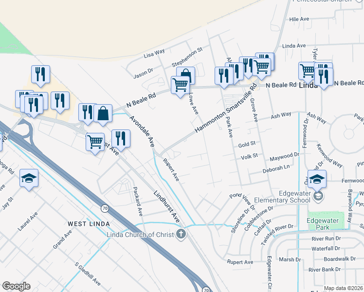 map of restaurants, bars, coffee shops, grocery stores, and more near 1466 Hammonton Smartsville Road in Linda