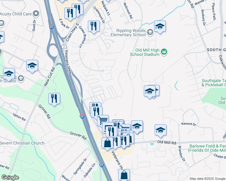 map of restaurants, bars, coffee shops, grocery stores, and more near 8275 Longford Road in Glen Burnie