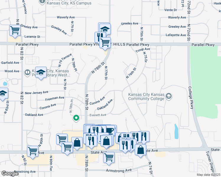 map of restaurants, bars, coffee shops, grocery stores, and more near 1510 North 77th Street in Kansas City