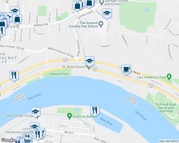 map of restaurants, bars, coffee shops, grocery stores, and more near 2501 Eastern Ave in Cincinnati