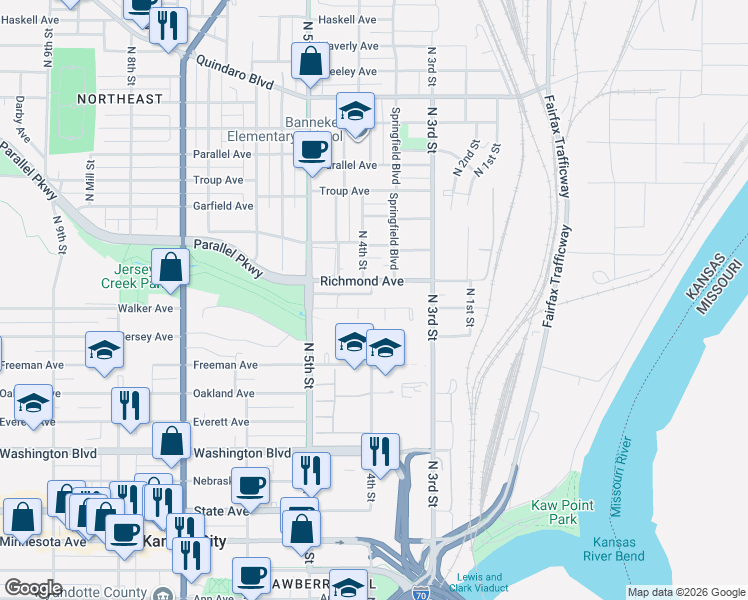 map of restaurants, bars, coffee shops, grocery stores, and more near 331 Walker Avenue in Kansas City