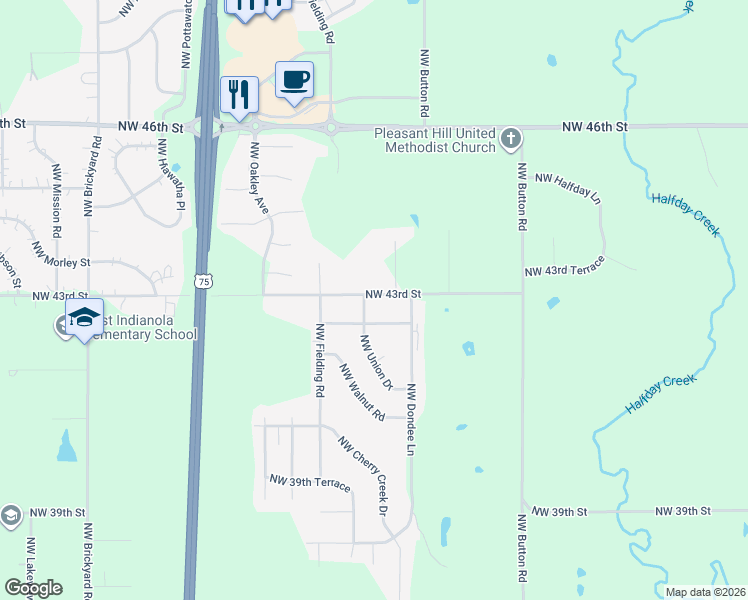 map of restaurants, bars, coffee shops, grocery stores, and more near 3329 Northwest 43rd Street in Topeka