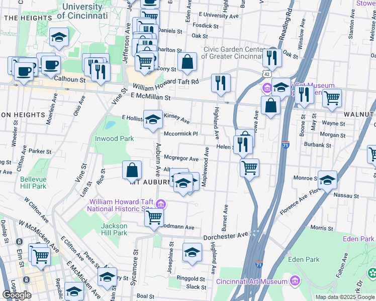 map of restaurants, bars, coffee shops, grocery stores, and more near 2316 Auburncrest Avenue in Cincinnati