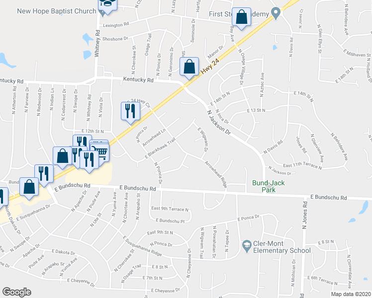 map of restaurants, bars, coffee shops, grocery stores, and more near 1149 Arrowhead Ridge in Independence