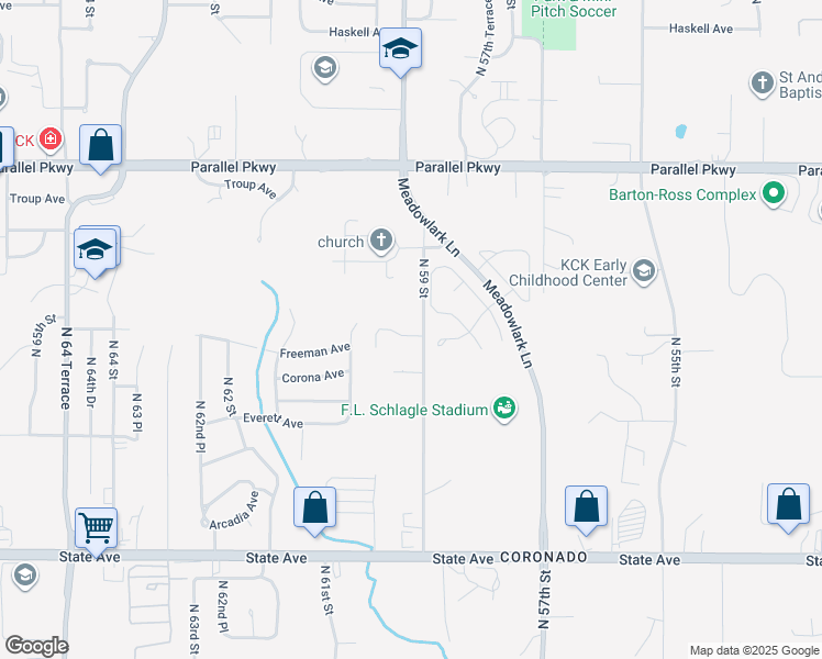 map of restaurants, bars, coffee shops, grocery stores, and more near 5901 Freeman Avenue in Kansas City