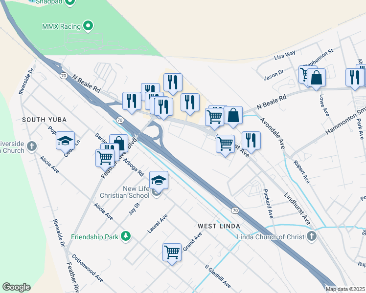 map of restaurants, bars, coffee shops, grocery stores, and more near 6000 Lindhurst Avenue in Marysville