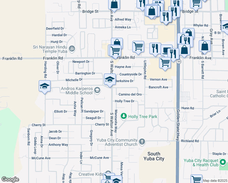 map of restaurants, bars, coffee shops, grocery stores, and more near 1590 Camino del Oro in Yuba City