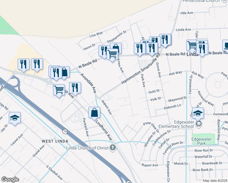 map of restaurants, bars, coffee shops, grocery stores, and more near 1466 Hammonton Smartsville Road in Linda