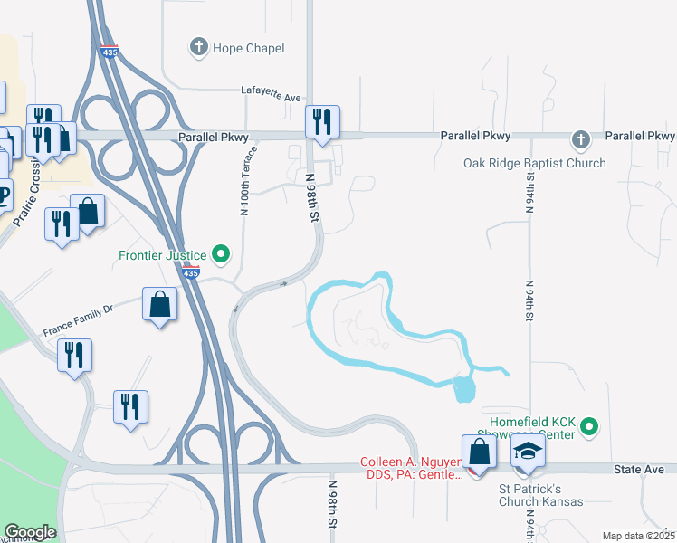 map of restaurants, bars, coffee shops, grocery stores, and more near 9801 France Family Drive in Kansas City