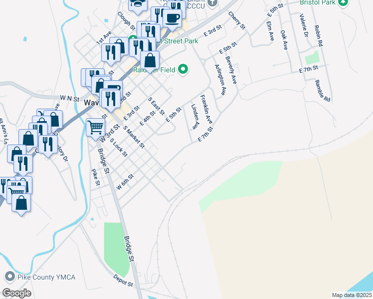 map of restaurants, bars, coffee shops, grocery stores, and more near 206 East 7th Street in Waverly