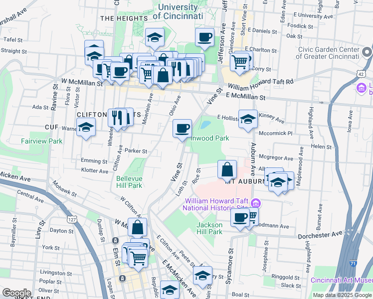 map of restaurants, bars, coffee shops, grocery stores, and more near 2266 Vine Street in Cincinnati