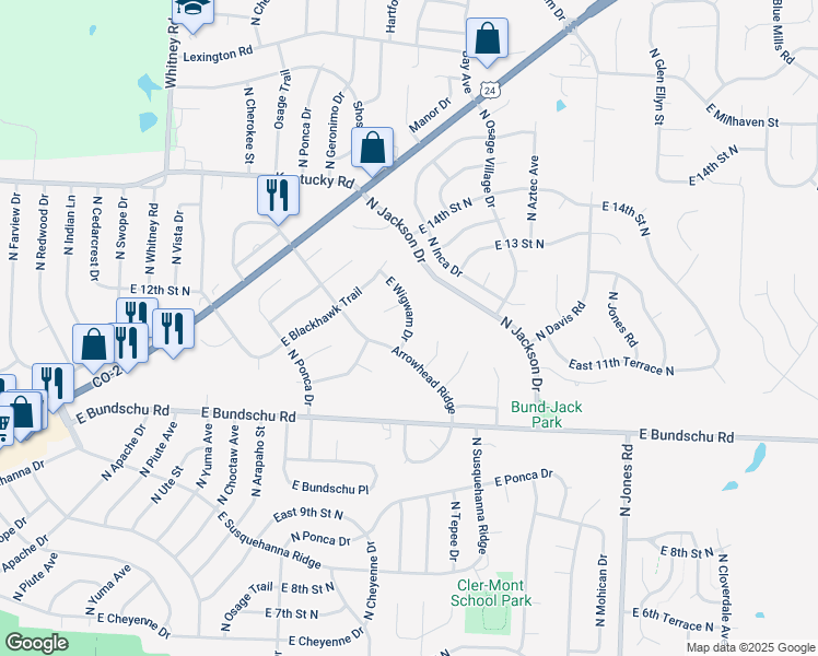 map of restaurants, bars, coffee shops, grocery stores, and more near 18916 East Powahatan Place in Independence