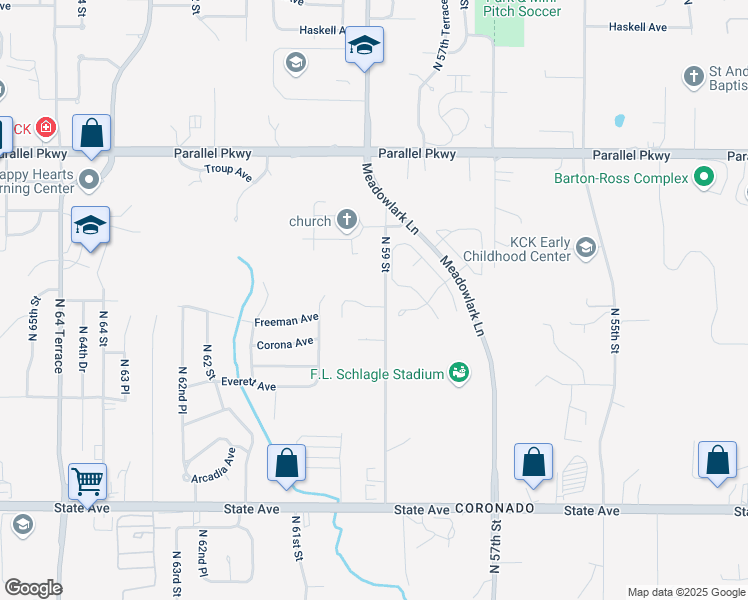 map of restaurants, bars, coffee shops, grocery stores, and more near 5901 Freeman Avenue in Kansas City