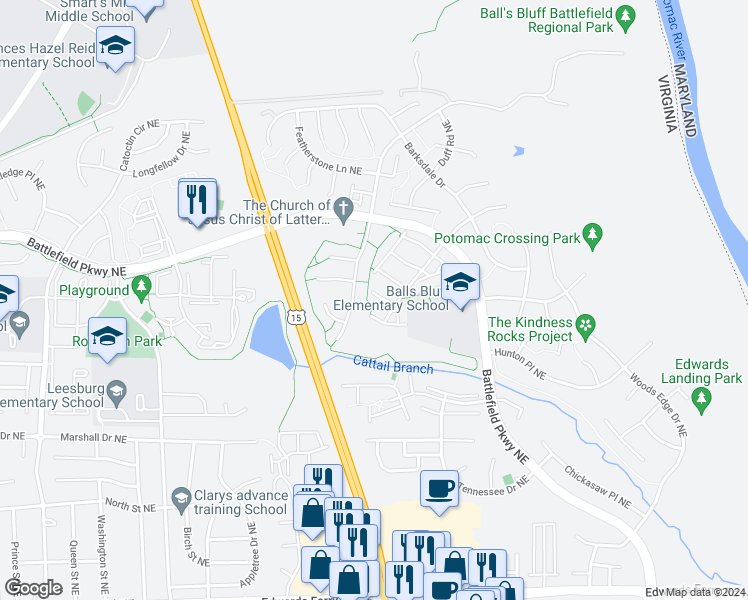 map of restaurants, bars, coffee shops, grocery stores, and more near 1019 Smartts Lane Northeast in Leesburg