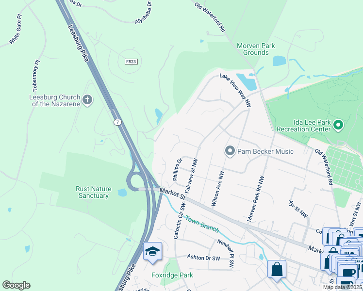 map of restaurants, bars, coffee shops, grocery stores, and more near 108 Rosebrook Court Northwest in Leesburg