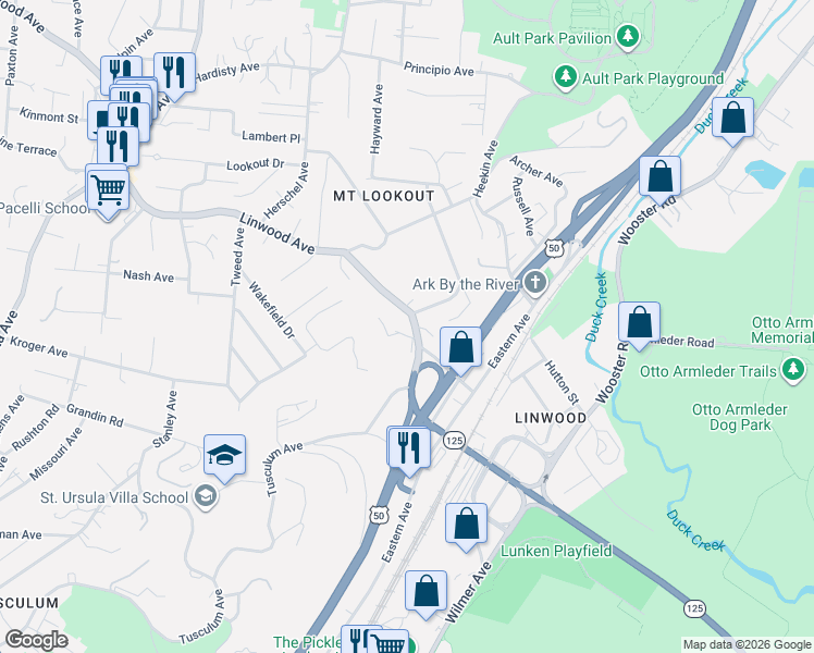 map of restaurants, bars, coffee shops, grocery stores, and more near 3602 Linwood Avenue in Cincinnati